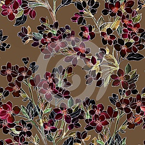 Spring floral seamless pattern.  Abstract watercolor flowers of bloo ming fruit trees in dark colors