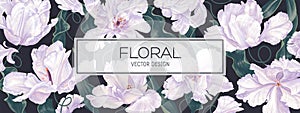 Spring floral vector background, banner, poster with flowers of white tulips, petals and leaves.