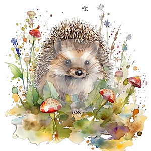 Spring floral woodland hedgehog watercolor illustration, spring clipart