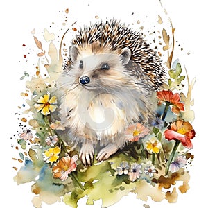 Spring floral woodland hedgehog watercolor illustration, spring clipart