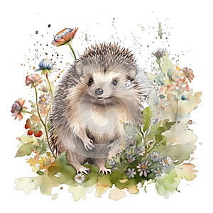 Spring floral woodland hedgehog watercolor illustration, spring clipart