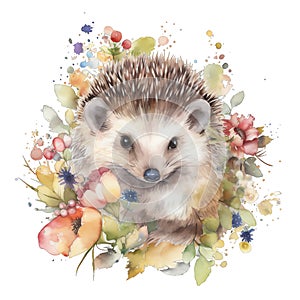 Spring floral woodland hedgehog watercolor illustration, spring clipart