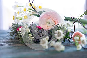 Spring floristry on weathered wood