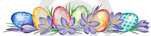 Spring flower banner of crocuses and easter eggs. Watercolor Background