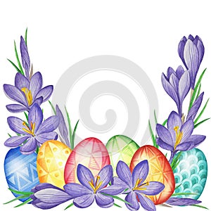 Spring flower banner of crocuses and easter eggs. Watercolor Background