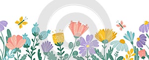 Spring flower border, floral garden. Summer bloom plants, cartoon flat rose and chamomile petals, flying butterfly