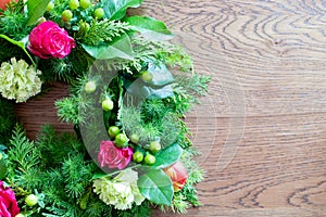 Spring flower bouquet on white background. Colorful vintage flower decoration. Tulips and roses in floreal bouquet