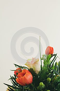 Spring flower bouquet on white background. Colorful vintage flower decoration. Tulips and roses in floreal bouquet