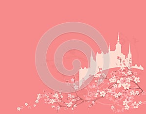 Spring flower branches and fairy tale castle vector background