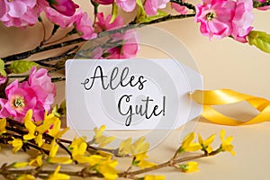 Spring Flower Decoration, Label With Alles Gute Means Best Wishes