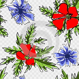 Spring flower field seamless pattern background. Red flowers of blooming wild poppy with green stem, leaf and floral bud. Floral