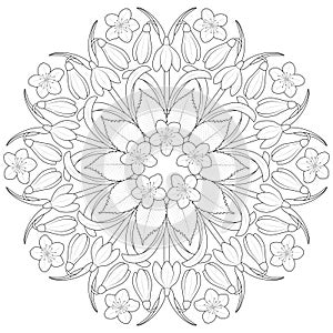 Spring flower mandala in black and white. Round pattern for coloring