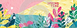 Spring flower paper torn collage vector background. Summer floral design. Garden illustration, craft banner, papercut