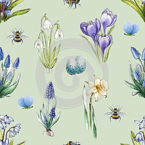 Spring flower seamless pattern. Watercolor illustration. Hand drawn spring flowers, butterfly, eggs and bees. Fresh