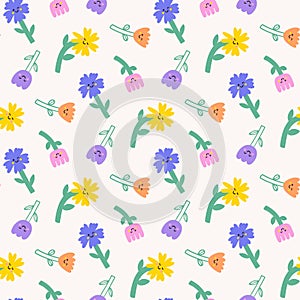 Spring flower seamless patterns in doodle style