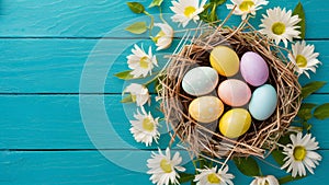 Spring flower table background with happy Easter eggs nest