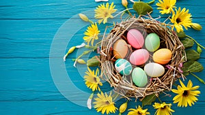 Spring flower table background with happy Easter eggs nest