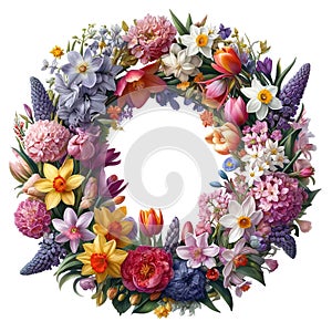 Spring flower wreath in vibrant blooms on white background.