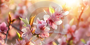Spring flowering branches in garden. Sunny day holiday blooming beautiful nature landscape. Peach garden outdoor