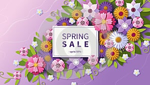 Spring flowers, 3d paper background. Fashion nature papercut, fresh summer chinese flyer, colorful plants. Sale web