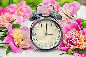 Spring flowers and Alarm Clock. Change the time.