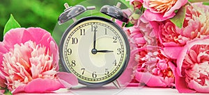 Spring flowers and Alarm Clock. Change the time