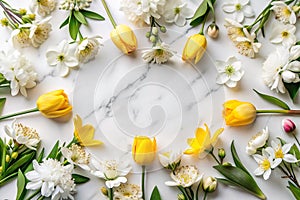Spring flowers arranged in a circle on marble