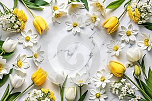 Spring flowers arranged in a circle on marble
