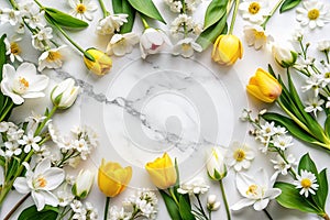 Spring flowers arranged in a circle on marble