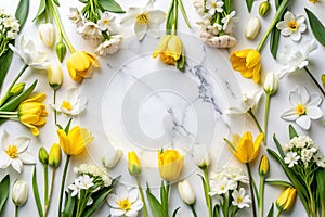 Spring flowers arranged in a circle on marble