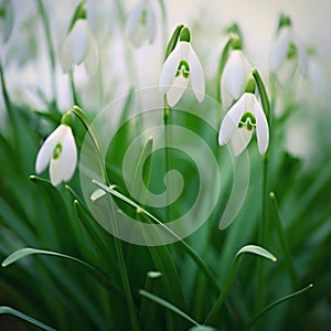Spring flowers. Beautiful first spring plants - snowdrops. (Galanthus) A beautiful shot of nature in springtime