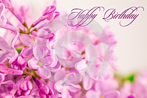 Spring flowers beautiful pink lilac branch. Happy birthday text
