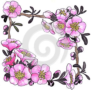 Spring flowers. Blooming tree.Collage of flowers on watercolor background.