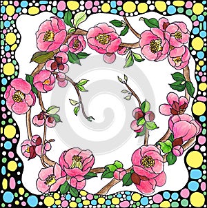 Spring flowers. Blooming tree.Collage of flowers on watercolor background.