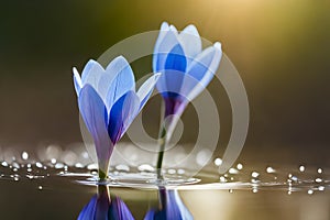 Spring flowers of blue crocuses in drops of water on the background of tracks of rain drops