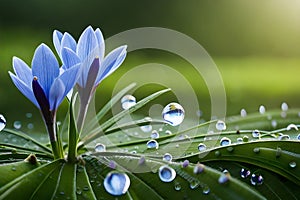 Spring flowers of blue crocuses in drops of water on the background of tracks of rain drops