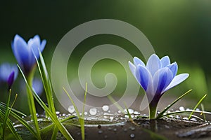 Spring flowers of blue crocuses in drops of water on the background of tracks of rain drops