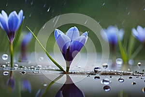 Spring flowers of blue crocuses in drops of water on the background of tracks of rain drops