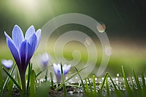 Spring flowers of blue crocuses in drops of water on the background of tracks of rain drops