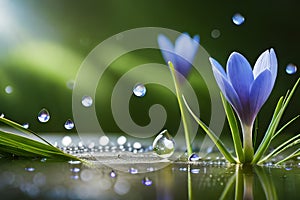 Spring flowers of blue crocuses in drops of water on the background of tracks of rain drops