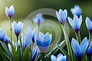 Spring flowers of blue crocuses in drops of water on the background of tracks of rain drops