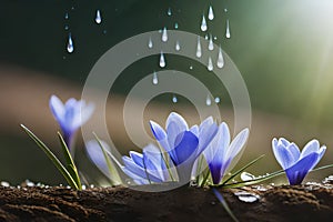 Spring flowers of blue crocuses in drops of water on the background of tracks of rain drops