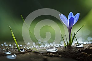 Spring flowers of blue crocuses in drops of water on the background of tracks of rain drops