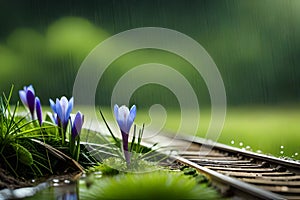 Spring flowers of blue crocuses in drops of water on the background of tracks of rain drops