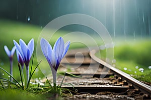 Spring flowers of blue crocuses in drops of water on the background of tracks of rain drops