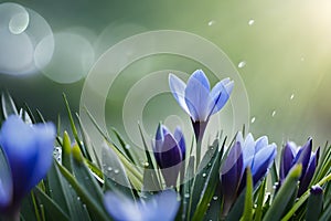 Spring flowers of blue crocuses in drops of water on the background of tracks of rain drops