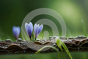 Spring flowers of blue crocuses in drops of water on the background of tracks of rain drops