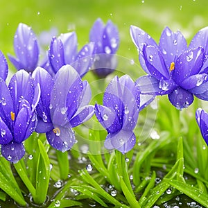 Spring flowers of blue crocuses in drops of water on the background of tracks of rain drops