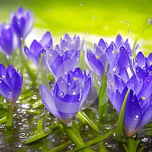 Spring flowers of blue crocuses in drops of water on the background of tracks of rain drops