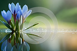 Spring flowers of blue crocuses in drops of water on the background of tracks of rain drops